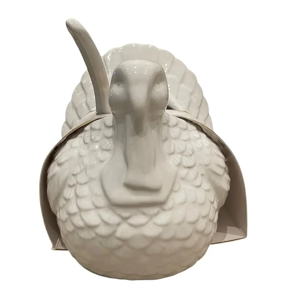 Turkey Shaped Serving Bowl and Ladle 2 Piece Set White 7in New